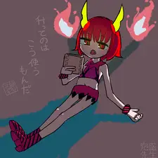 暗い背景に座る赤髪の角娘
