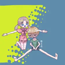 黄色と青の背景の二人